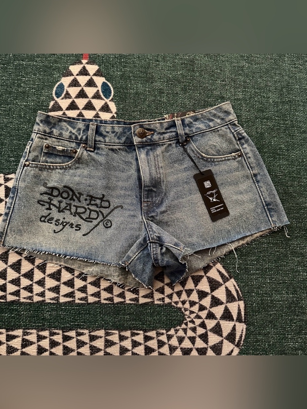 Ed Hardy Light Blue Distressed Denim Cutoff Shorts with Logo
